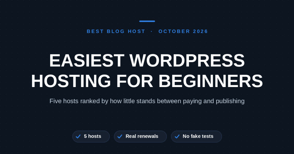Easiest WordPress hosting for beginners cover graphic: five hosts ranked by setup friction in 2026