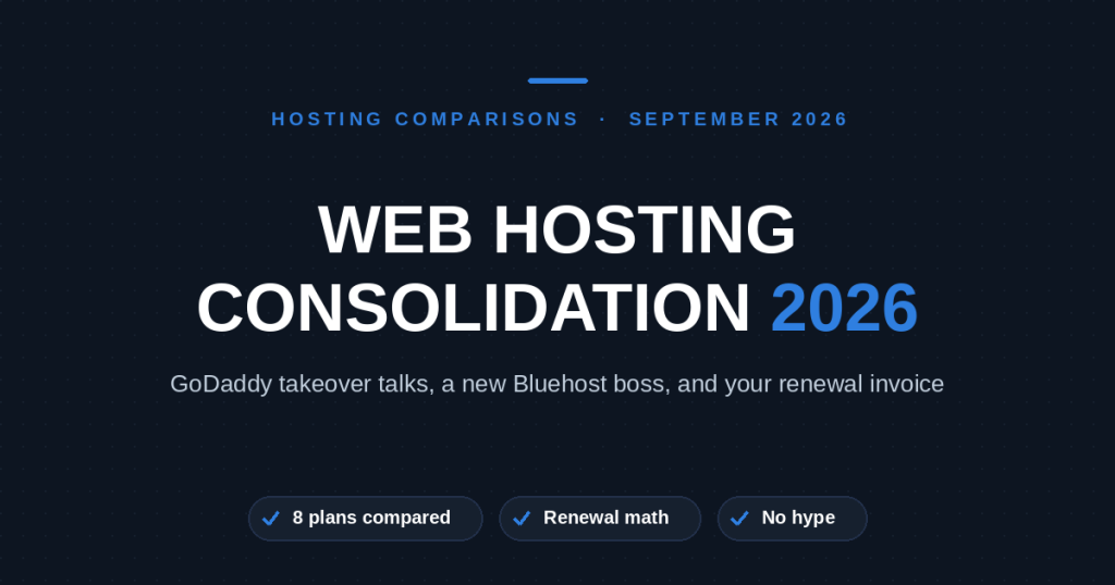 Web hosting consolidation 2026 cover graphic: Gen Digital's GoDaddy takeover approach and Newfold Digital's new CEO